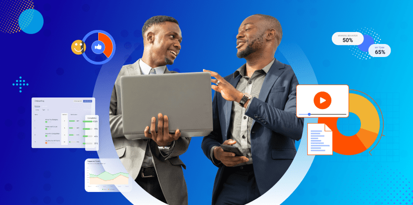 Two men looking at a laptop with sales enablement screenshots